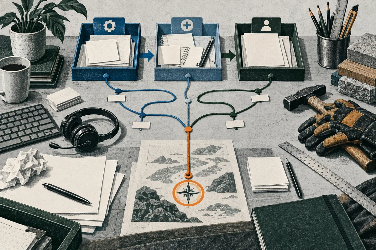 Top-down workspace with three trays marked by gear, plus, and person symbols. Blue and green lines join an orange marker above a mountain map and compass, surrounded by papers and tools.