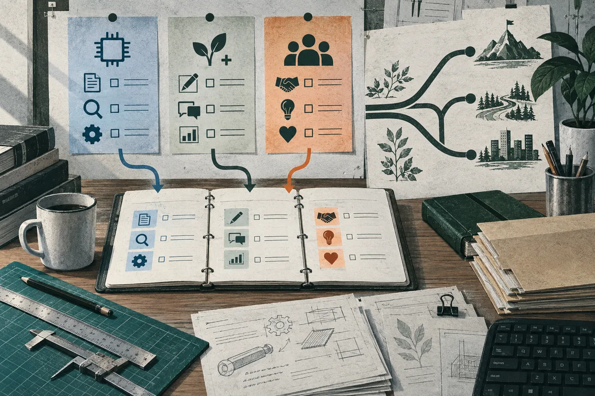 Illustrated work desk with three icon-covered sheets feeding into an open notebook, beside a branching path toward a mountain and city. A mug, books, ruler, drawings, and keyboard fill the desk.