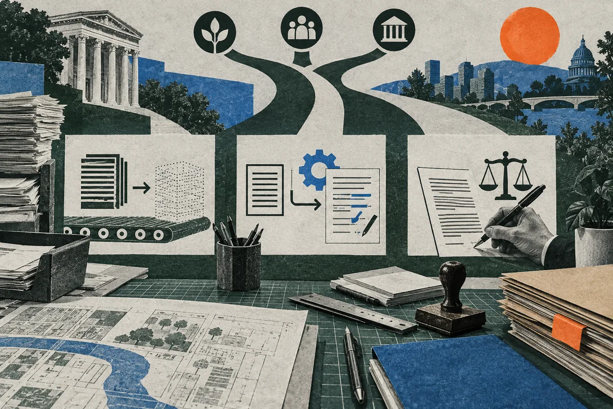 Illustrated desk of papers and drafting tools beneath three branching paths marked with plant, people, and government icons. Three panels show stacked documents, a page beside a gear, and a hand writing beside scales; civic buildings and an orange sun appear in the background.