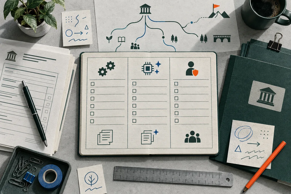 Overhead view of a desk with a three-column checklist board showing gear, chip, and person-with-shield icons. A branching route diagram, papers, pens, ruler, notebook, coffee cup, and small sketches surround it.