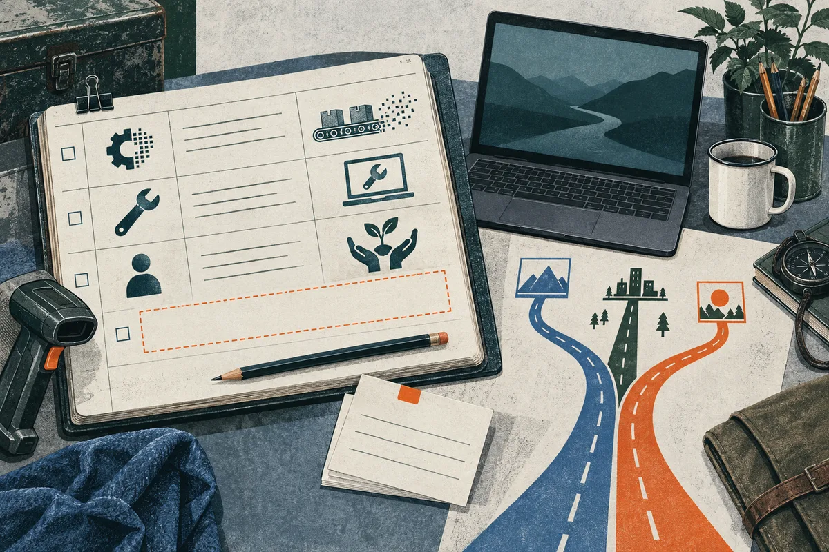 Illustrated desk with an open task ledger showing work icons, a laptop, and blue, green, and orange roads branching toward landscape and city symbols.