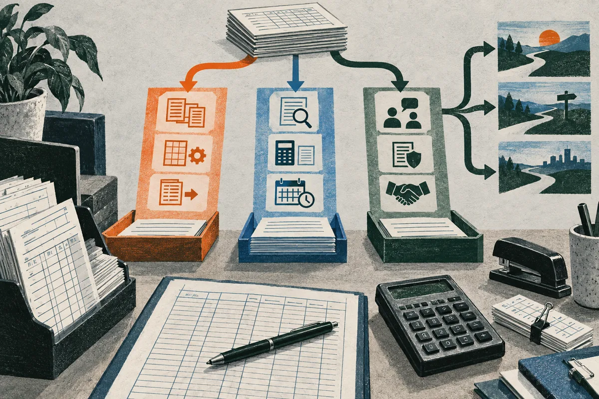 Ledgers and office tools sit beneath three colored columns of document, calculator, calendar, and people icons, with arrows branching toward landscape scenes.