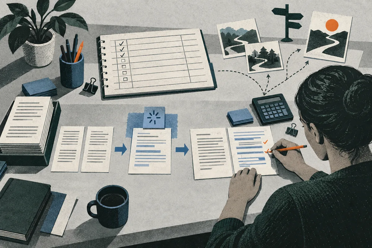 An overhead view of a desk with a checklist, branching path sketches, and a person marking a document with a pencil.