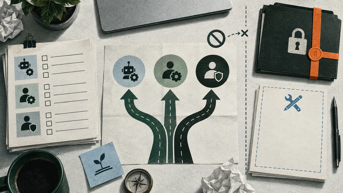 Overhead view of papers with task icons beside three branching arrows, a locked notebook, and a tools sketch.