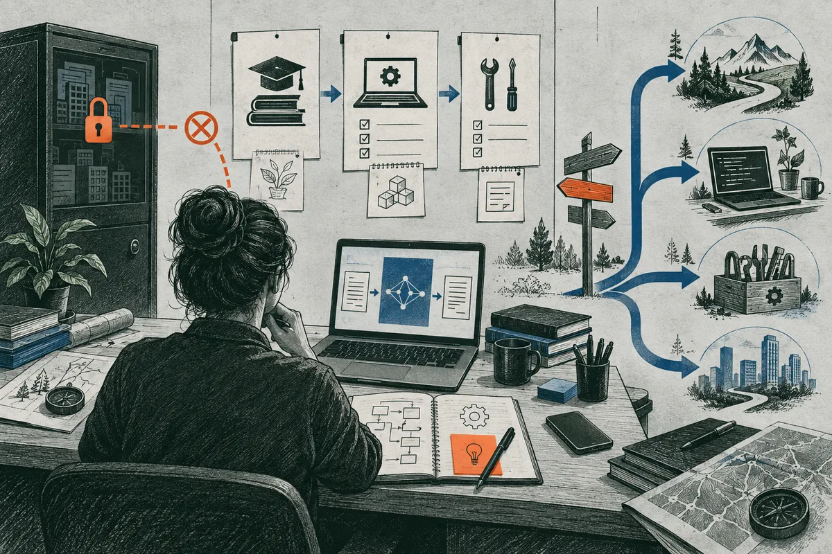 A seated person studies a laptop and notes at a desk; blue arrows branch toward drawings of a mountain path, a workspace, a toolbox, and a city.