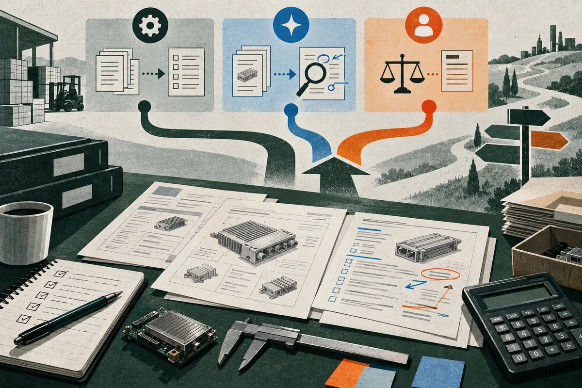 Illustrated workbench with equipment diagrams, checklists, a calculator, and a warehouse scene; three colored task panels connect to branching paths.