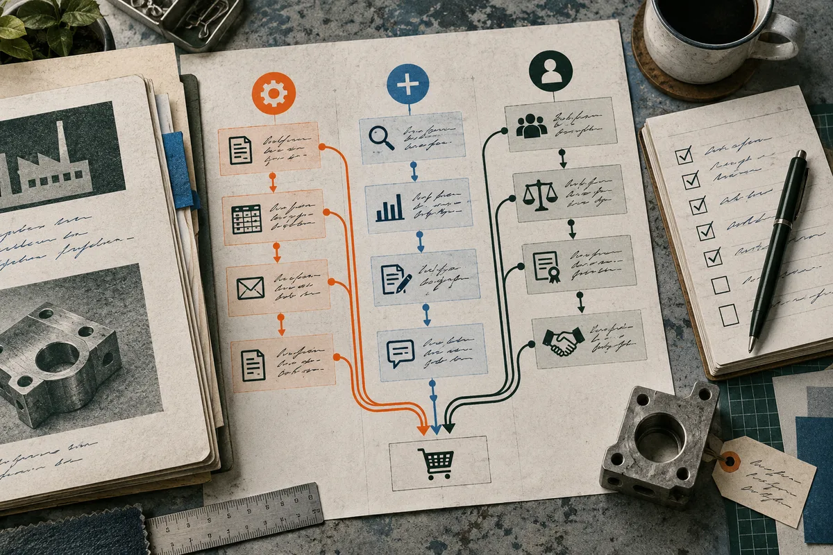 Overhead view of a paper flowchart with orange, blue, and green columns of icons and arrows converging on a shopping cart, surrounded by notebooks, metal parts, a ruler, pen, and coffee cup.