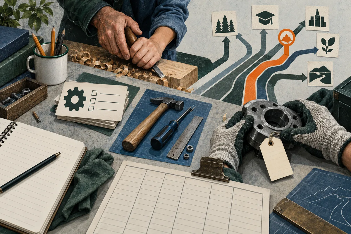 A craftsperson works a piece of wood beside hand tools, task cards, and branching arrow paths marked with small icons.