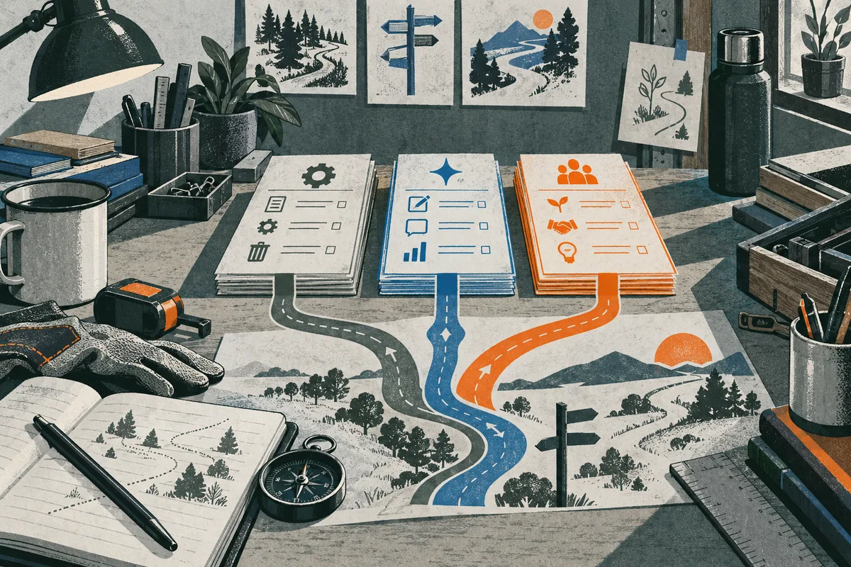 Three illustrated task cards sit above winding blue, orange, and dark green paths on a workbench with notebooks, tools, and landscape sketches.