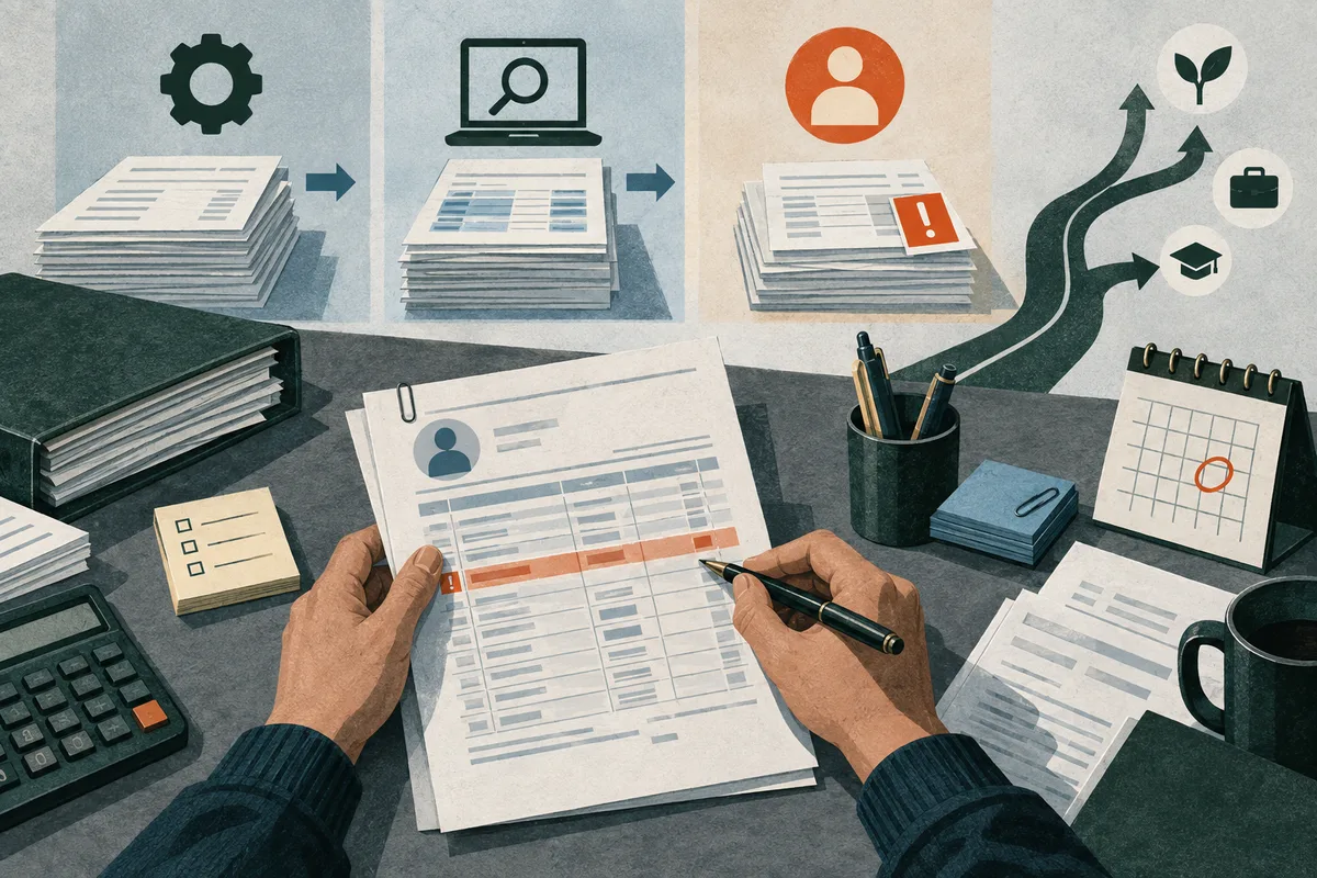 Illustrated hands mark a spreadsheet with a pen at a desk, surrounded by stacked papers, a calculator, laptop, calendar, and branching arrows leading to plant, briefcase, and graduation-cap icons.