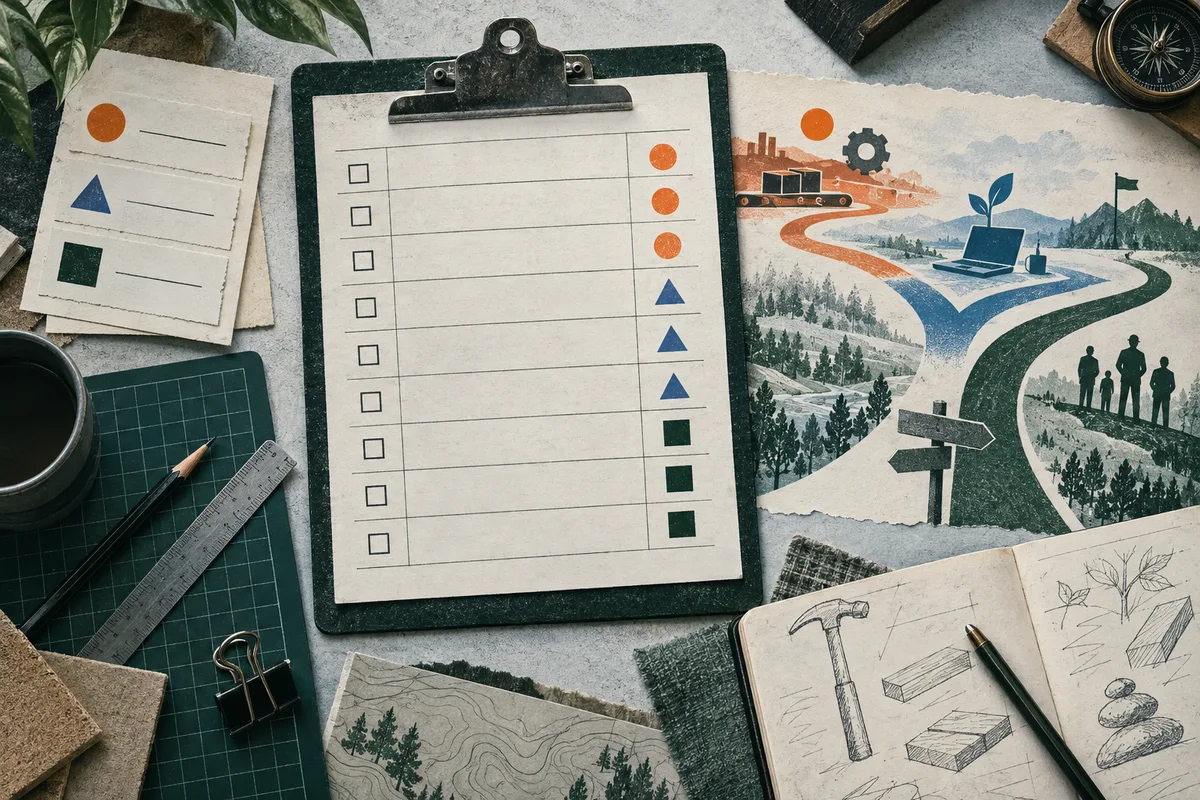 An overhead illustration of a blank task checklist beside branching paths through a landscape, with small figures, a laptop, drafting tools, and workbench sketches.