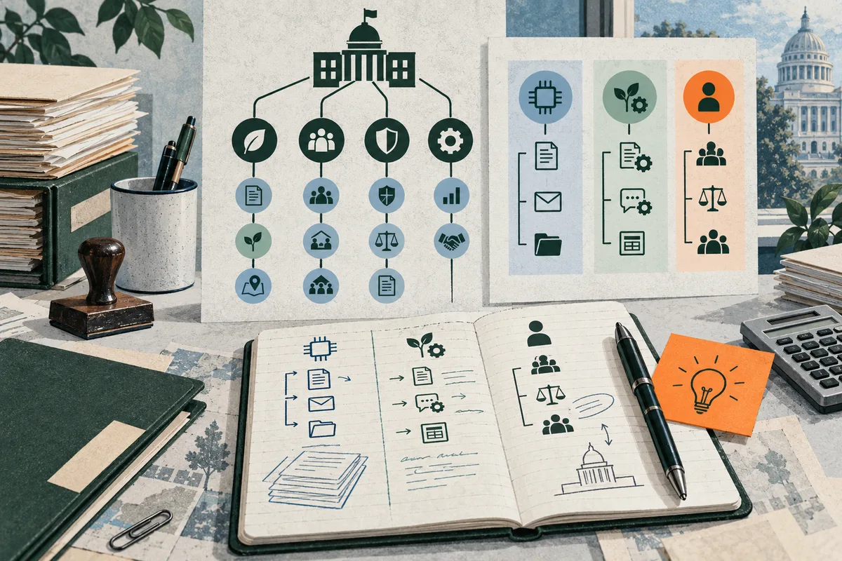 A desk with stacked papers and an open notebook sits beneath a branching diagram of a civic building and task icons; a three-column icon chart, pen, calculator, and orange lightbulb card are nearby.