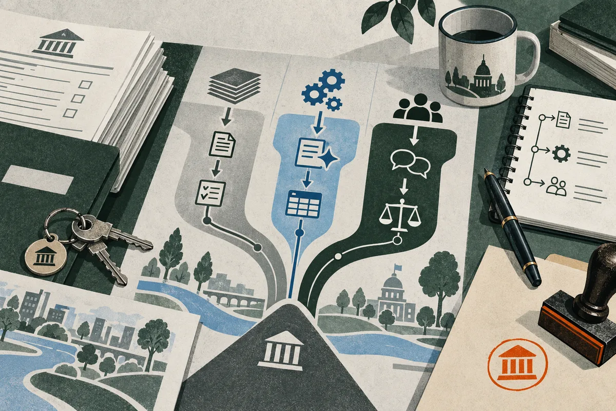 A printed diagram splits into three icon-filled paths, including documents, gears, people, and scales, above a civic building and landscape; papers, keys, a notebook, pen, mug, and stamp surround it.