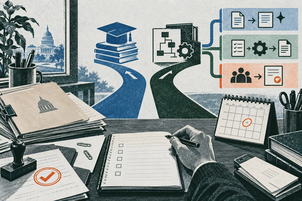 Illustrated work desk with a checklist, papers, calendar, and pen; behind it, two paths branch toward a graduation cap and books or a workflow diagram, with document and review symbols at the right.