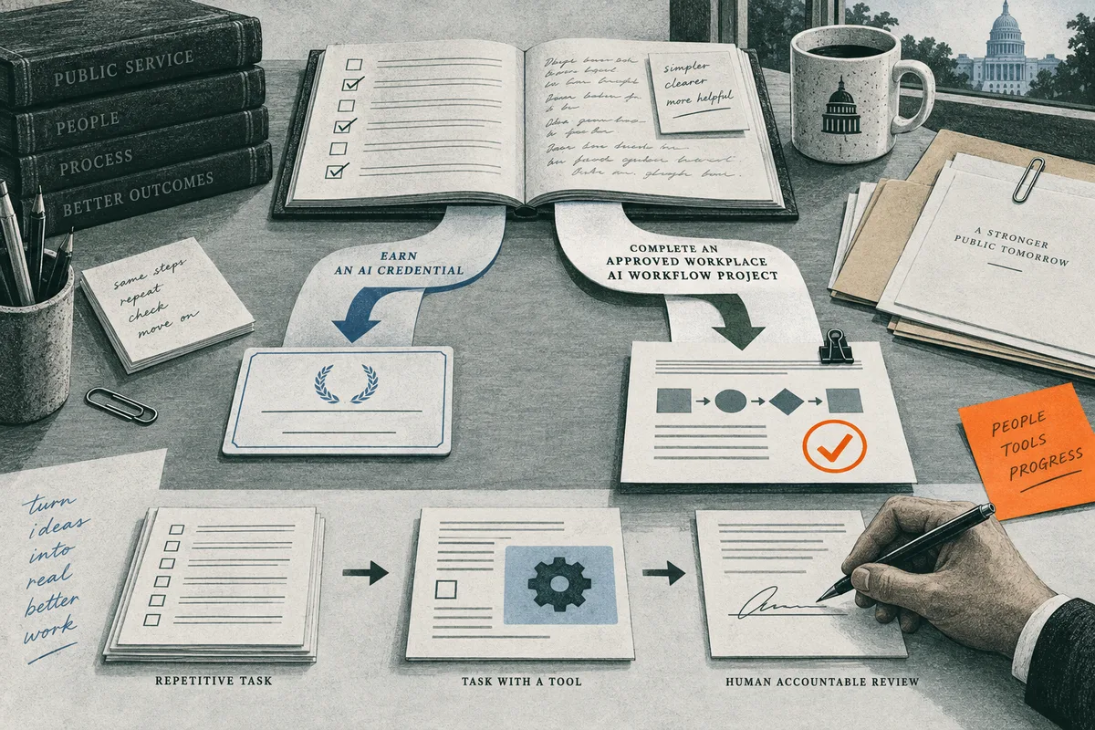 An open notebook sits between a credential card and a workflow sheet, surrounded by public-service books, notes, and a mug. Along the bottom, papers show a sequence from a checklist to a gear-marked task and a hand signing a review.