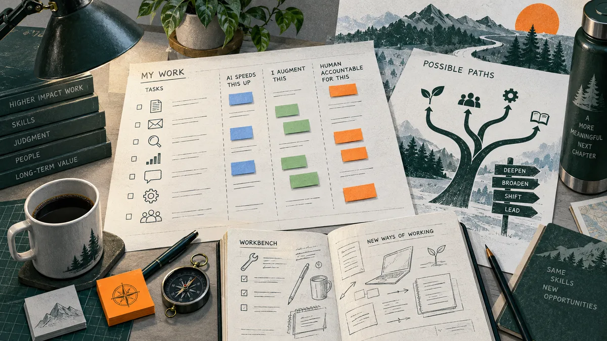 A desk with a task ledger divided into columns for work that AI speeds up, augments, and remains human-accountable, beside a branching path diagram, workbench notes, a mug, compass, and pens.