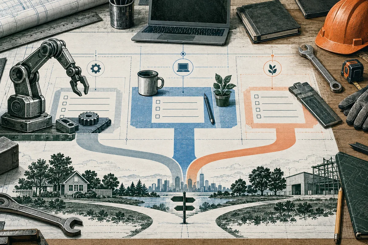 An illustrated workbench with a robotic arm, three checklist sheets linked by blue and orange paths, and tools, books, and a hard hat. The paths lead toward a signpost, houses, a city skyline, and industrial buildings.