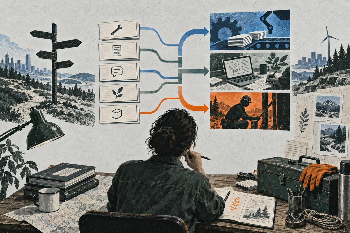 A person seated at a desk studies task cards connected by blue, gray, and orange arrows to illustrations of machinery, computer work, and a person using a tool outdoors.