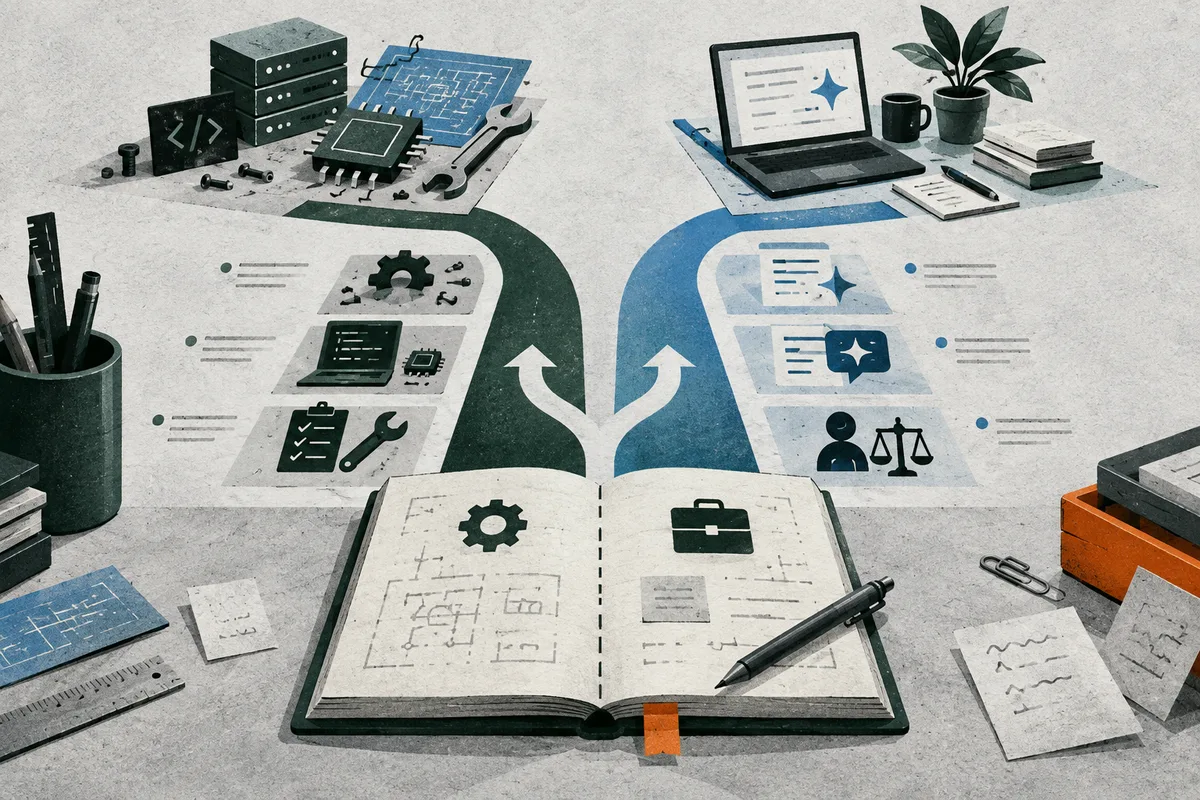 An open notebook with a branching path diagram sits between two task lists, one dark green and one blue. Workbench tools, a laptop, papers, and a plant surround it.