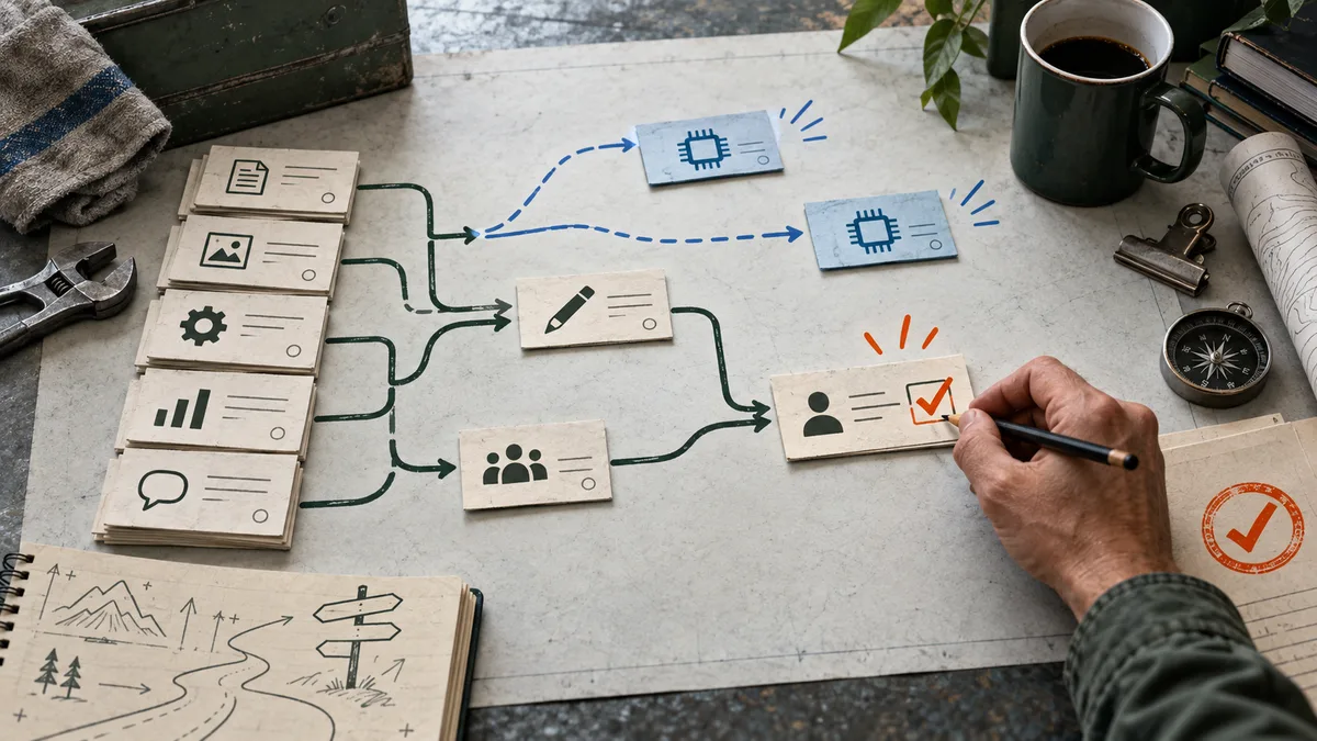 An overhead desk scene shows task cards linked by branching arrows to two blue chip cards and a person card with a checked box; a hand marks the box with a pen. A notebook, coffee mug, compass, and tools sit around the desk.