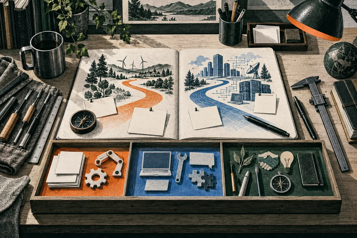 An open notebook shows an orange path through a wooded landscape on one page and a blue path through a city and network on the other. Below are three compartments with papers, tools, plant and handshake symbols, and a light bulb, surrounded by drafting tools on a workbench.