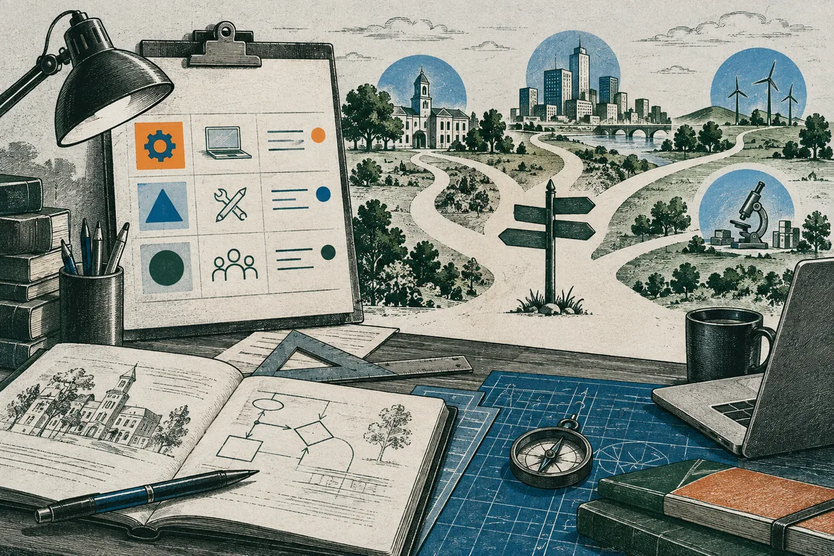 An open notebook with a branching diagram, a compass, and planning tools sits before paths leading toward a town, city buildings, and wind turbines.