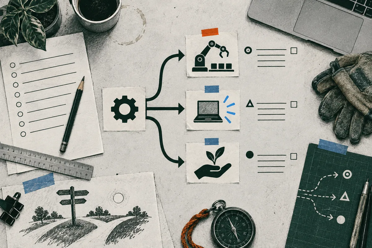 A gear branches by arrows to illustrations of a robotic arm, a laptop, and a hand holding a sprout, beside a checklist, landscape sketch, compass, gloves, and gridded map.