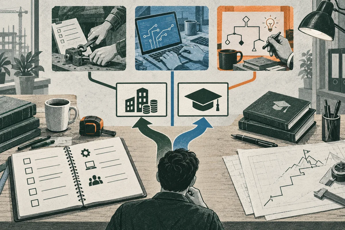 A person seen from behind studies a branching diagram linking three work scenes to a building and a graduation cap; a checklist, books, charts, and desk tools surround them.