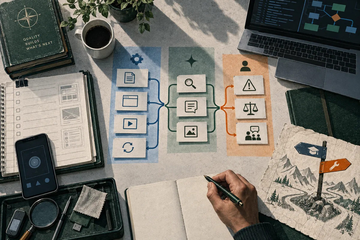 A branching diagram of task cards in blue, green, and orange sits among a laptop, notebook, phone, compass, and hand holding a pen.