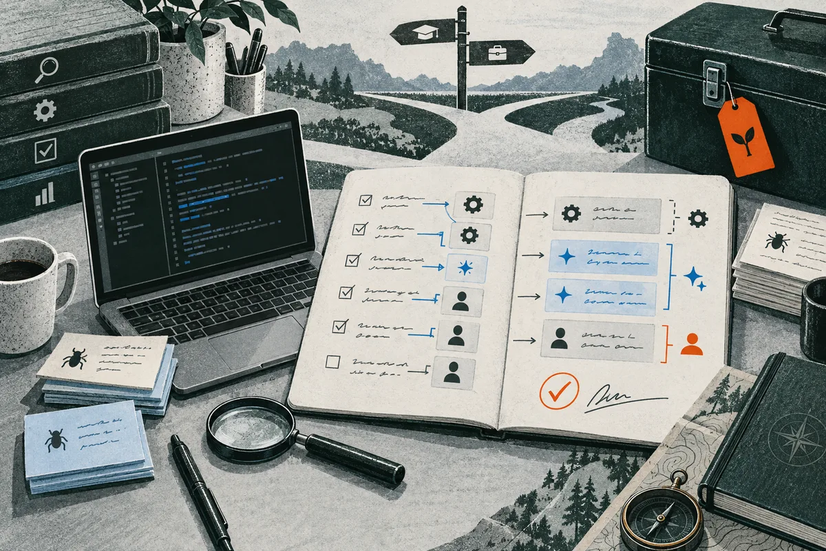 An open notebook shows checklist rows connected to task cards, blue and orange arrows, and a circled checkmark, surrounded by a laptop, magnifying glass, and papers.