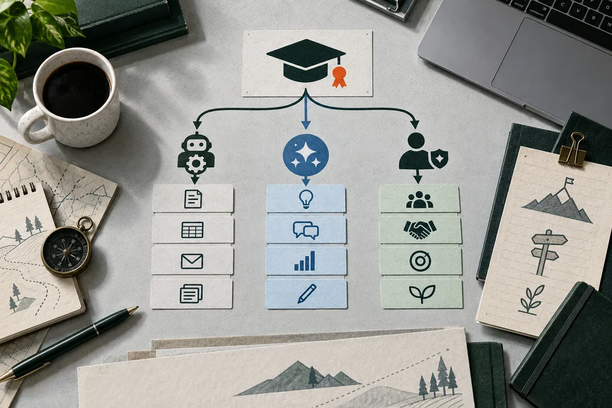 A graduation cap branches into three columns of task icons marked by a robot, sparkles, and a person, surrounded by notebooks, a coffee cup, and a laptop.
