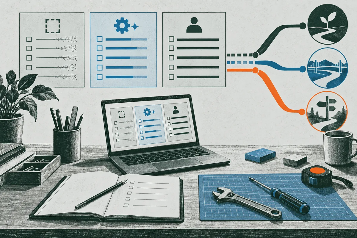Three task checklists feed into branching paths toward symbols of plant growth, a city skyline, and a landscape, above a desk with a laptop, notebook, and tools.