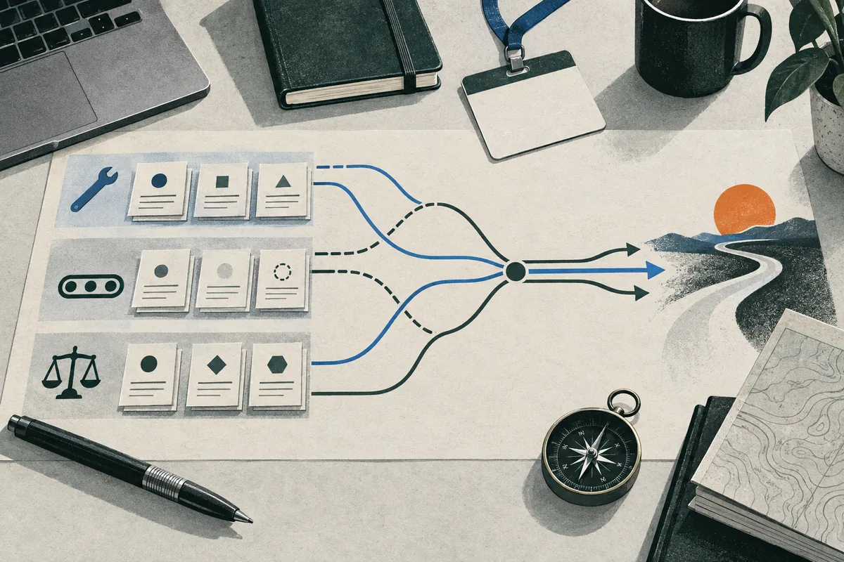 Overhead desk scene with rows of symbol cards linked by blue and dark green branching lines toward a small orange sun; a laptop, notebooks, pen, compass, and map surround the diagram.
