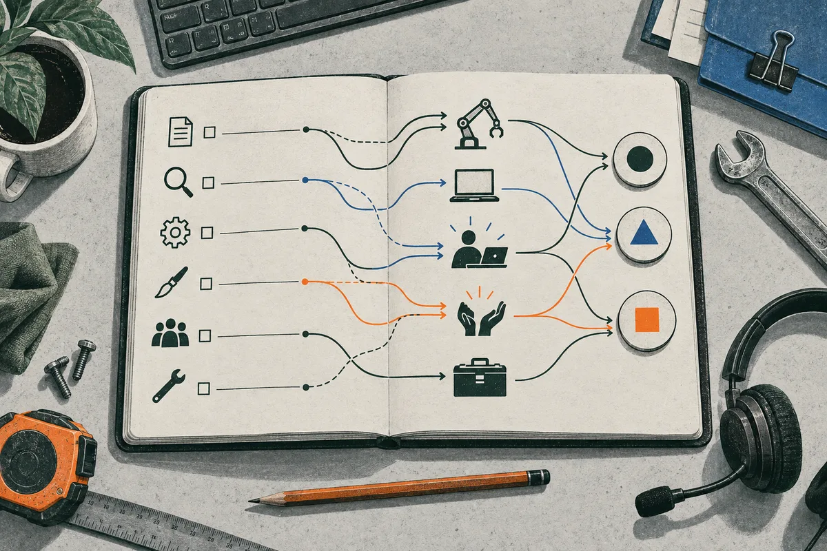 An open notebook shows rows of work-related icons connected by blue, green, and orange paths to small illustrations of tools and people, ending at circles with a dot, triangle, and square.