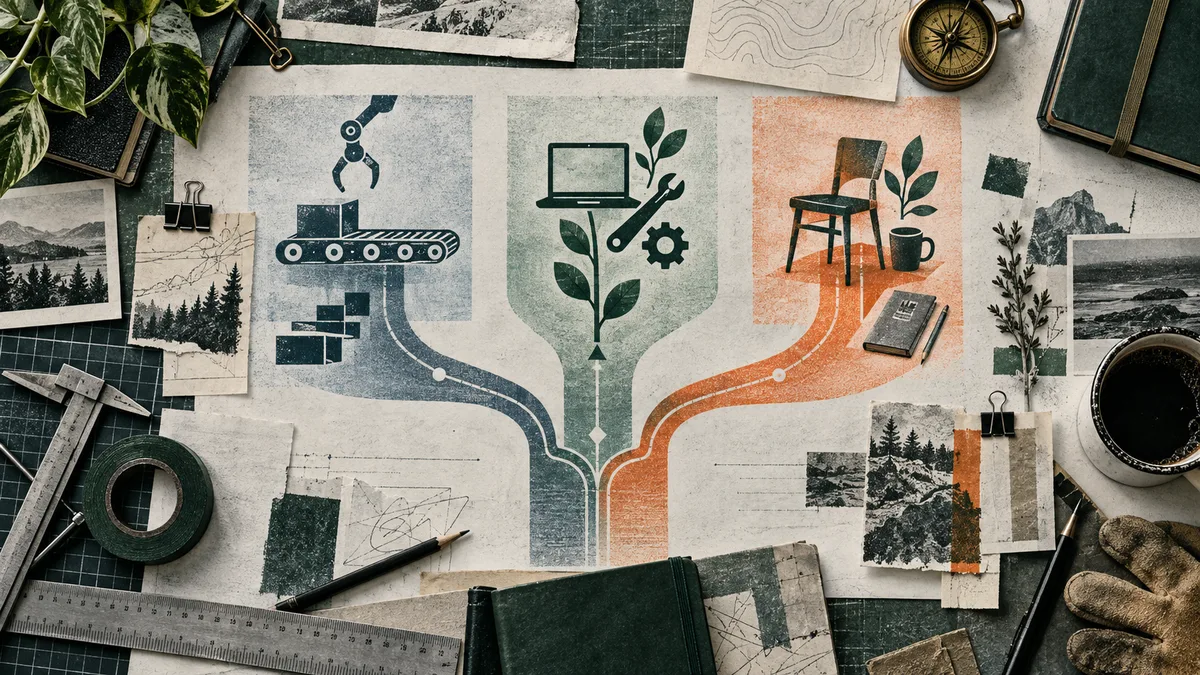 Top-down collage of three branching paths illustrated with a conveyor arm, a laptop and tools, and a chair with a cup, surrounded by maps, photographs, books, and drafting tools.