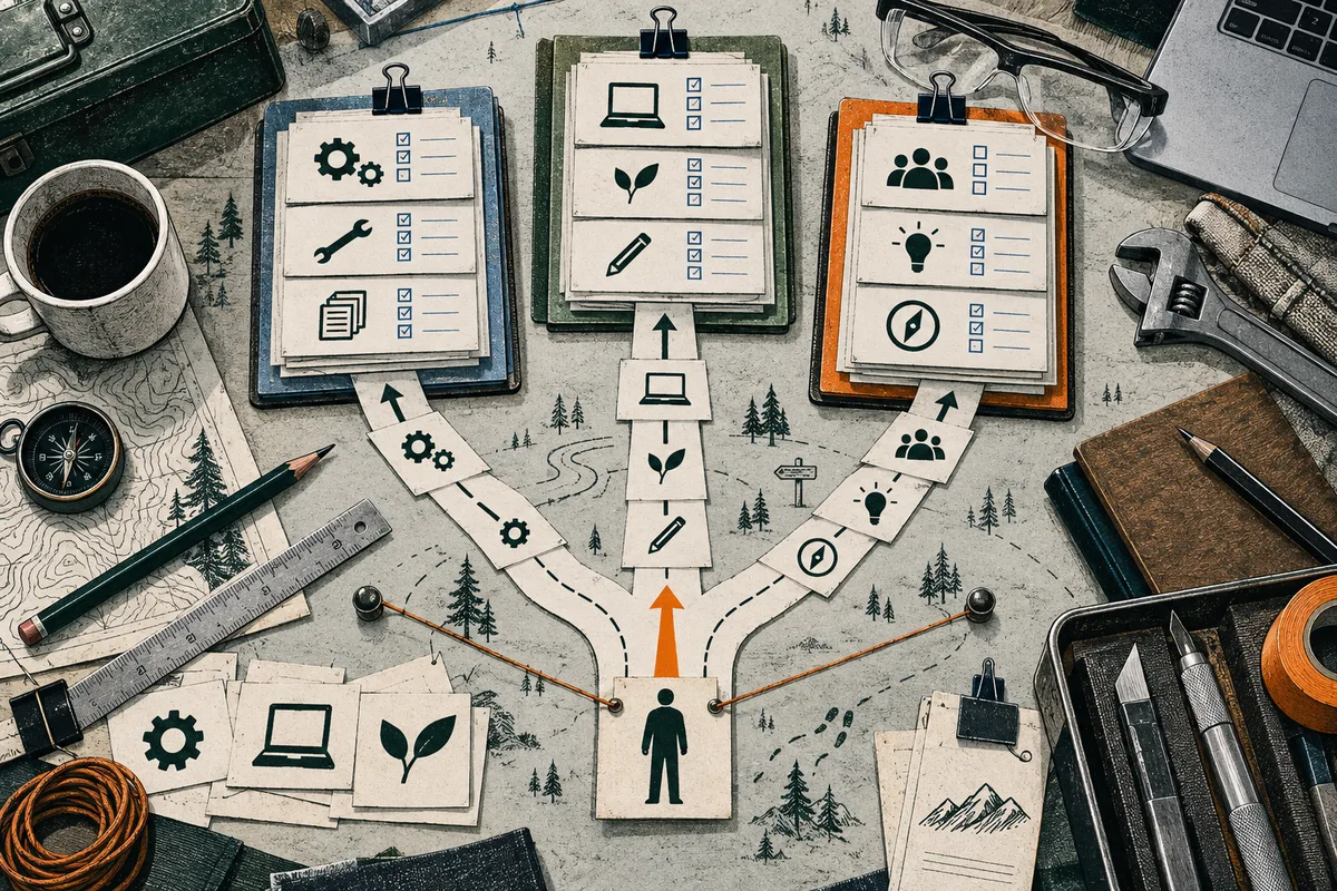 Top-down workbench scene with three clipped checklists, branching paper paths, task icons, and a person-shaped symbol at the bottom, surrounded by tools, a coffee cup, and glasses.
