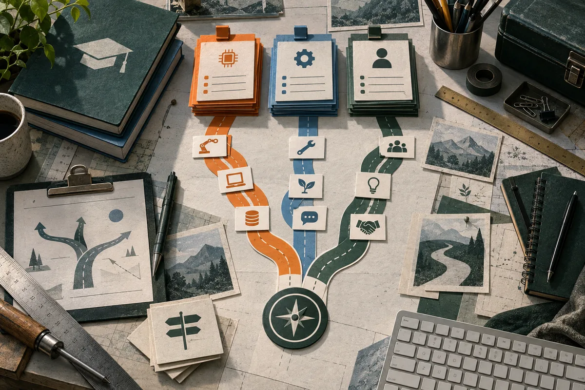 Top-down desk scene with orange, blue, and green branching paths leading to clipboards with computer, gear, and person icons, plus books, photographs, a compass, and a keyboard.