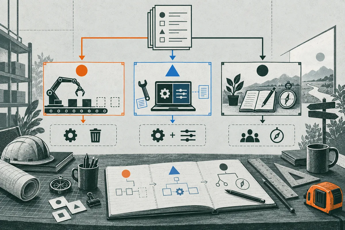 Illustrated workbench diagram with three framed panels showing a robotic arm, a laptop with tools, and a notebook with a plant and compass, above an open sketchbook and measuring tools.