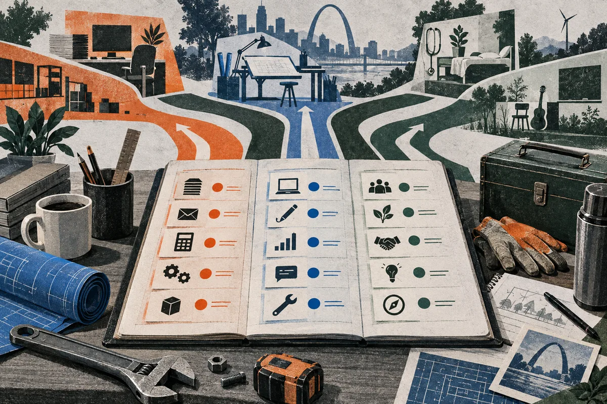 An illustrated ledger of work activities sits in the foreground, with branching paths connecting scenes of office, workshop, clinical, and energy work in the background.