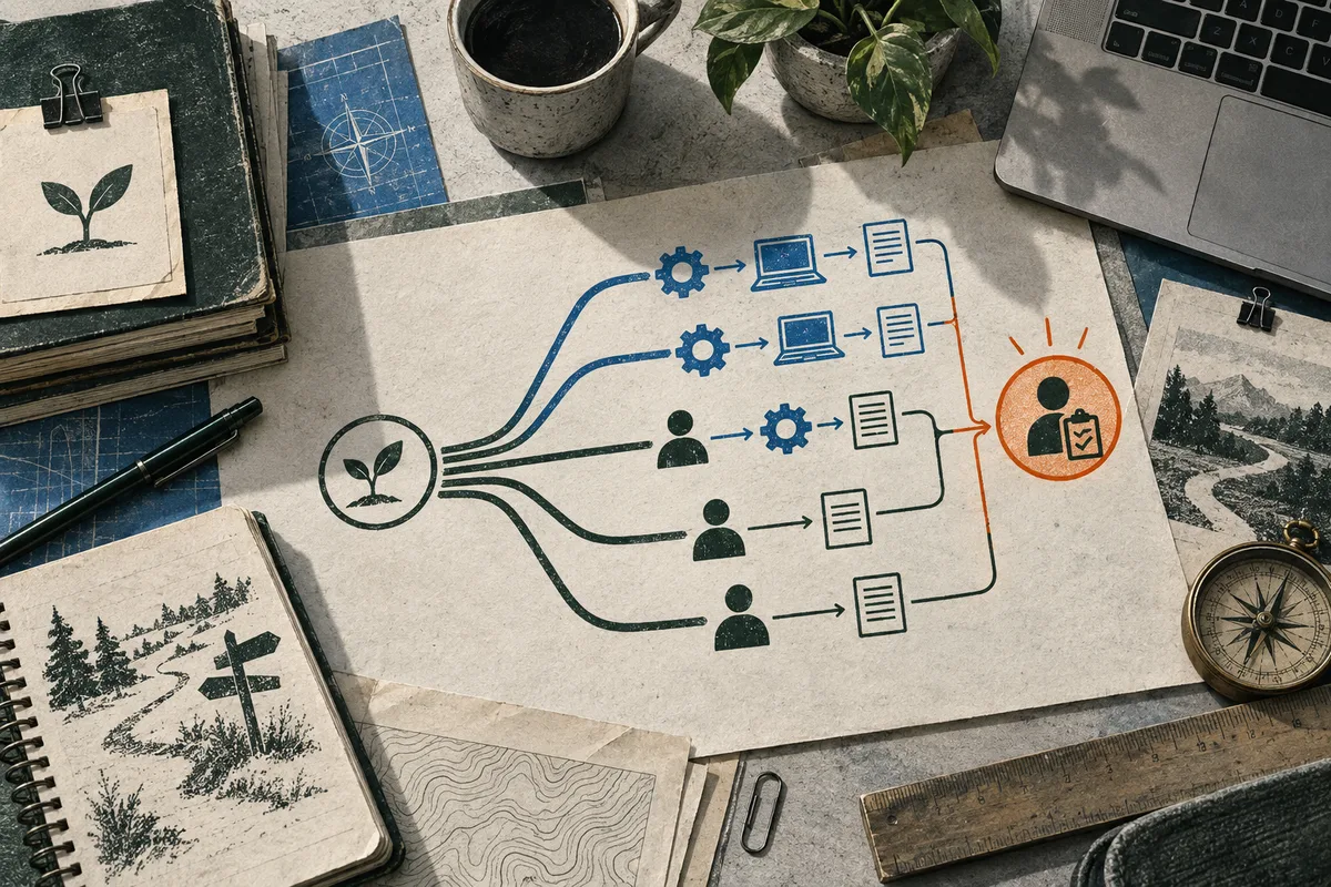 A branching diagram on a desk shows a sprout leading to paths of people, gears, laptops, and documents, ending at a person with a checklist.
