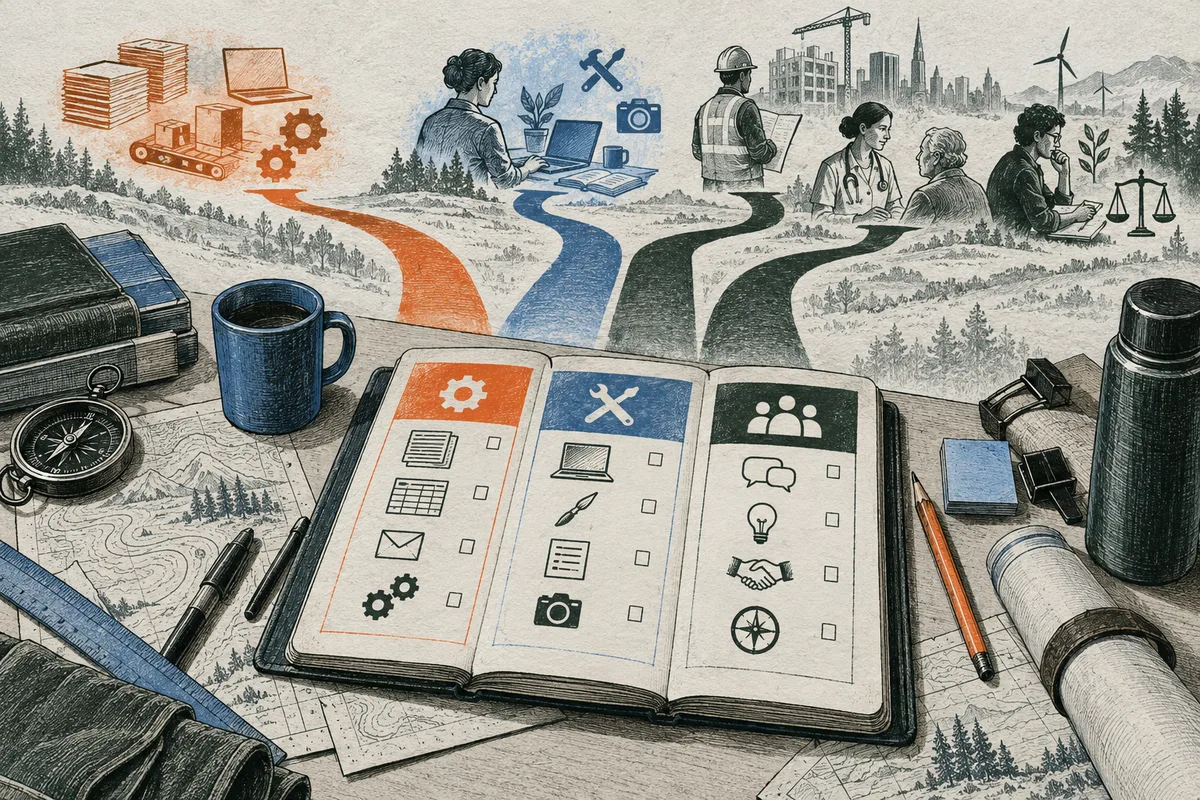 An open field notebook shows three colored columns of work symbols, with paths leading toward scenes of manufacturing, computer work, construction, healthcare, and people at a desk. A map, compass, books, mug, pencils, and rolled papers surround the notebook.