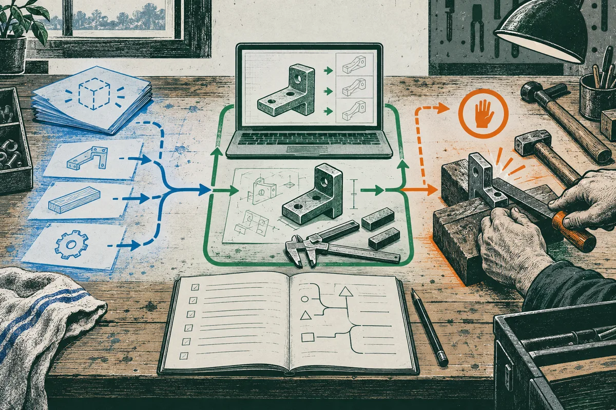 Illustrated workbench with blue task cards, branching arrows, a laptop showing mechanical parts, and hands shaping a metal piece beside an orange hand symbol. An open book and tools sit across the table.