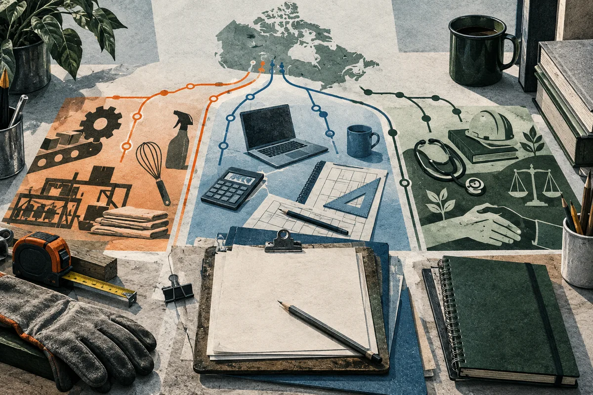 Illustrated worktable with a map-shaped silhouette and orange, blue, and green branching lines connecting to tools, books, a laptop, scales, and a blank page with a pencil.