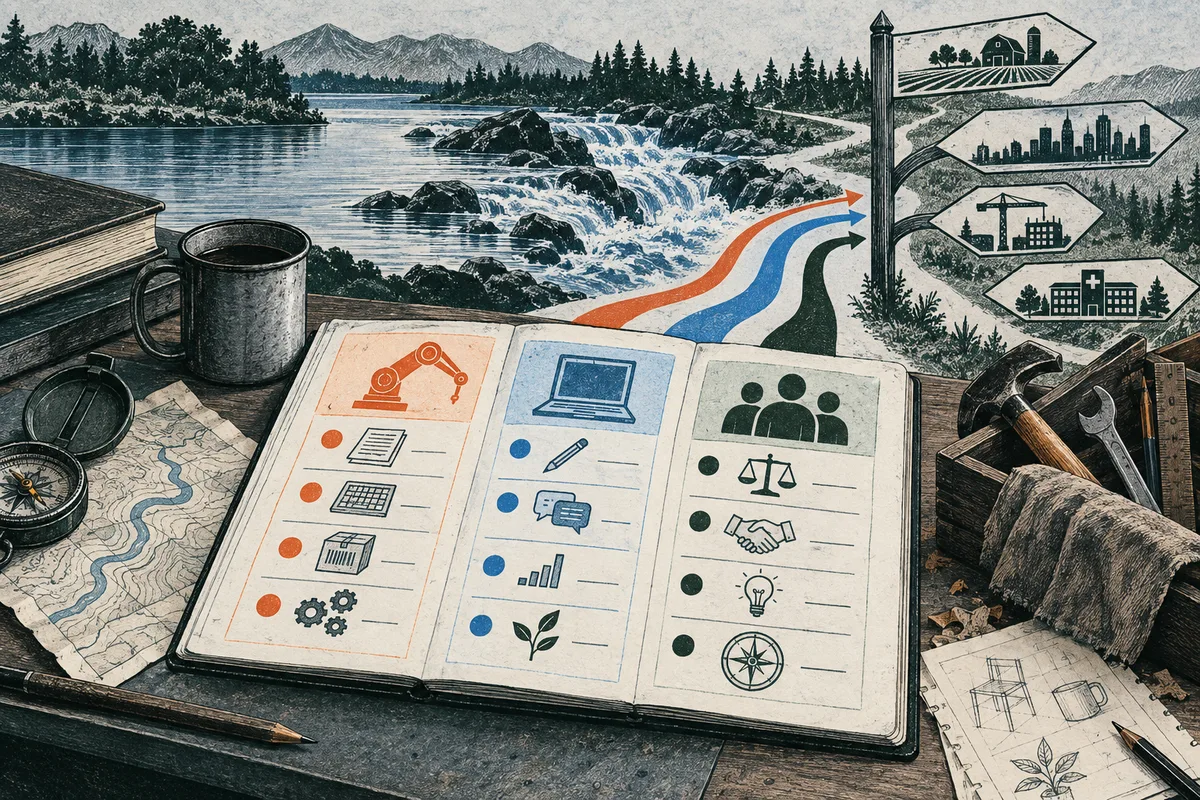 An open illustrated ledger with orange machine and gear icons, blue computer and communication icons, and green people and decision icons rests on a workbench. Behind it, a river flows over a waterfall toward a signpost showing a farm, city, construction site, and hospital.