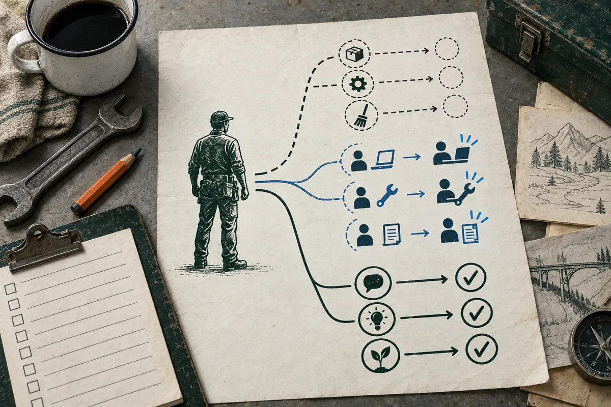 A standing worker faces a branching task diagram on a sheet of paper, with icons for tools, computers, conversation, ideas, and check marks. A mug, wrench, pencil, clipboard, landscape sketches, and compass surround the paper.