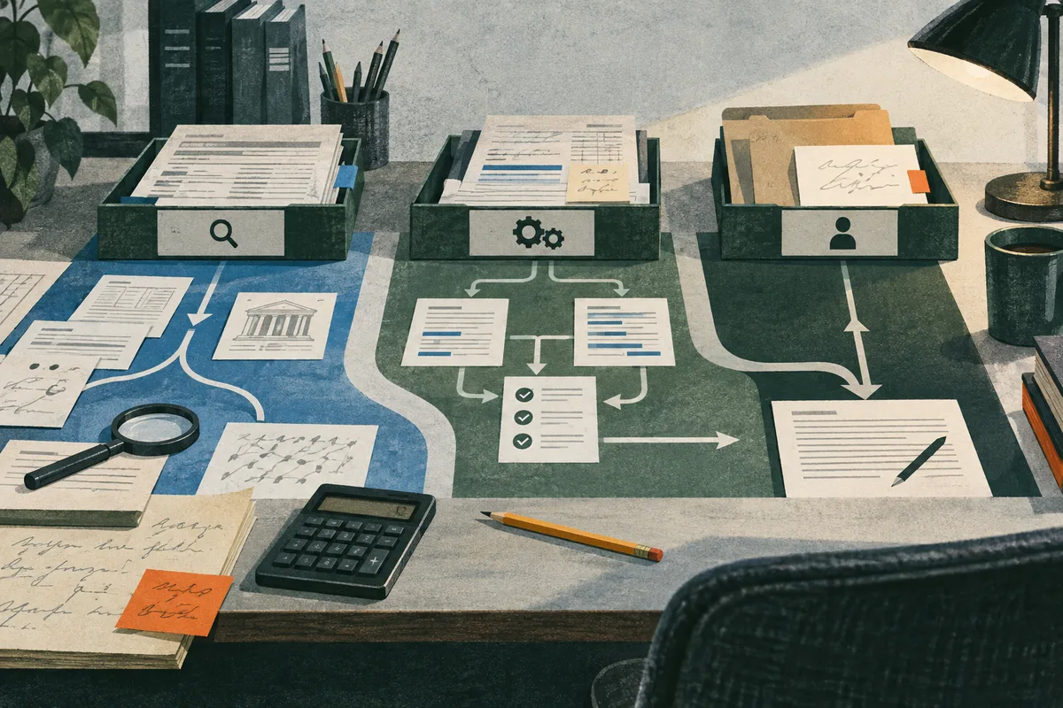 A desk with three trays of papers marked by search, gears, and person icons, with arrows connecting document sheets across blue and green paths. A calculator, magnifying glass, pencil, books, and desk lamp surround the papers.