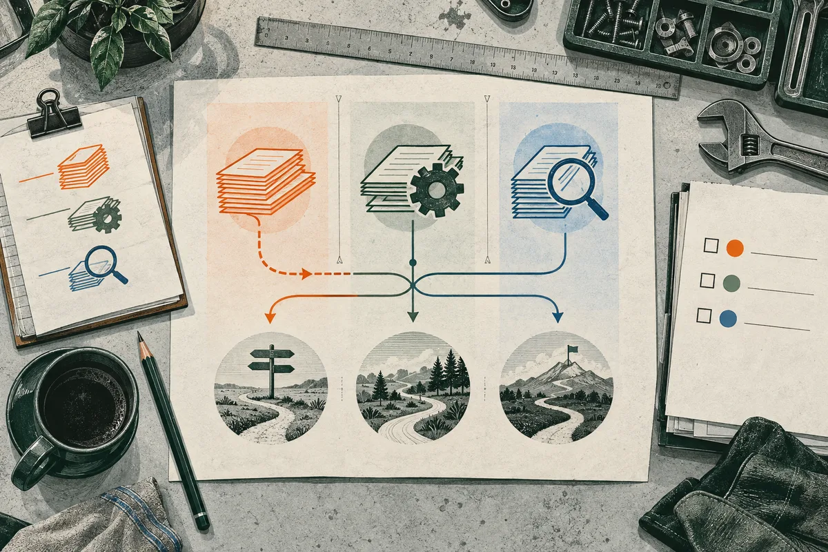 A paper diagram shows orange, green, and blue stacks of pages with a gear and magnifying glass, connected by branching arrows to three circular scenes with a signpost, a forest road, and a mountain path. A clipboard, ruler, tools, pencil, and coffee cup sit around it.