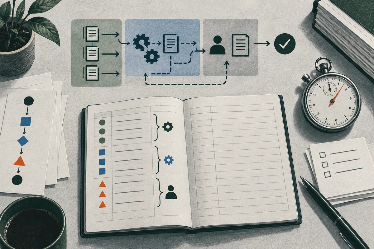 An open ledger with rows marked by circles, squares, and triangles sits beneath a process diagram; a stopwatch, checklist, pen, and plant surround it.