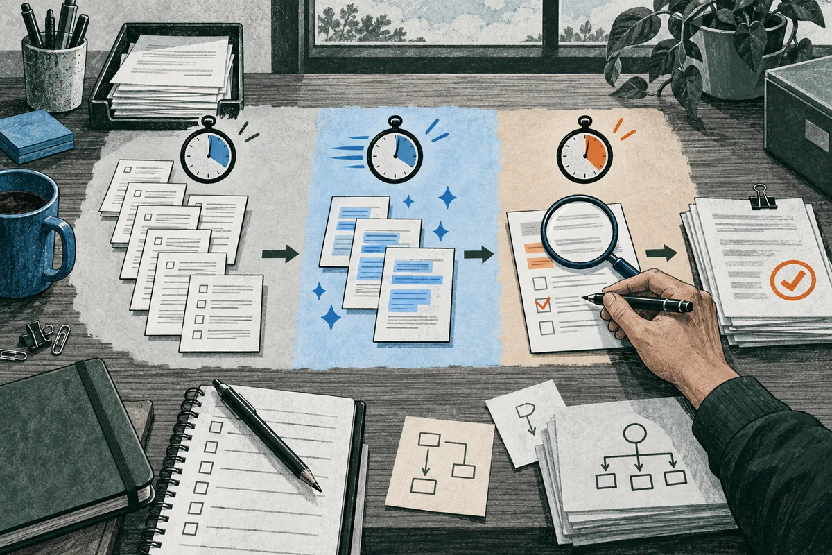 Stacks of documents move across a blue center section toward a hand checking a list with a magnifying glass; three stopwatches sit above the papers.