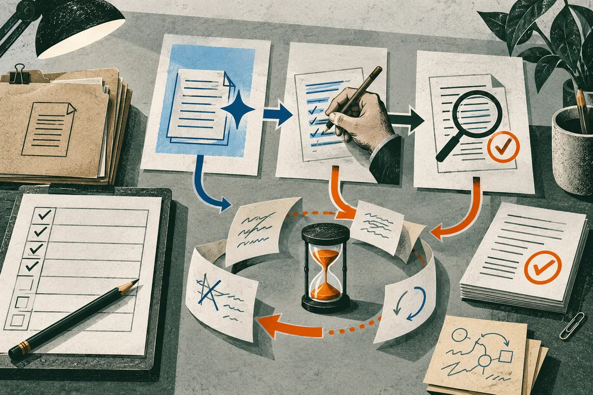 Illustrated work papers show a document moving through a checklist, a hand marking items, and a magnifying glass over a checked page. Orange and blue arrows circle an hourglass and handwritten notes, with folders, a lamp, and a pencil cup around the desk.